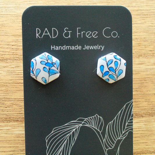 Blue Leafy Hexagon Studs