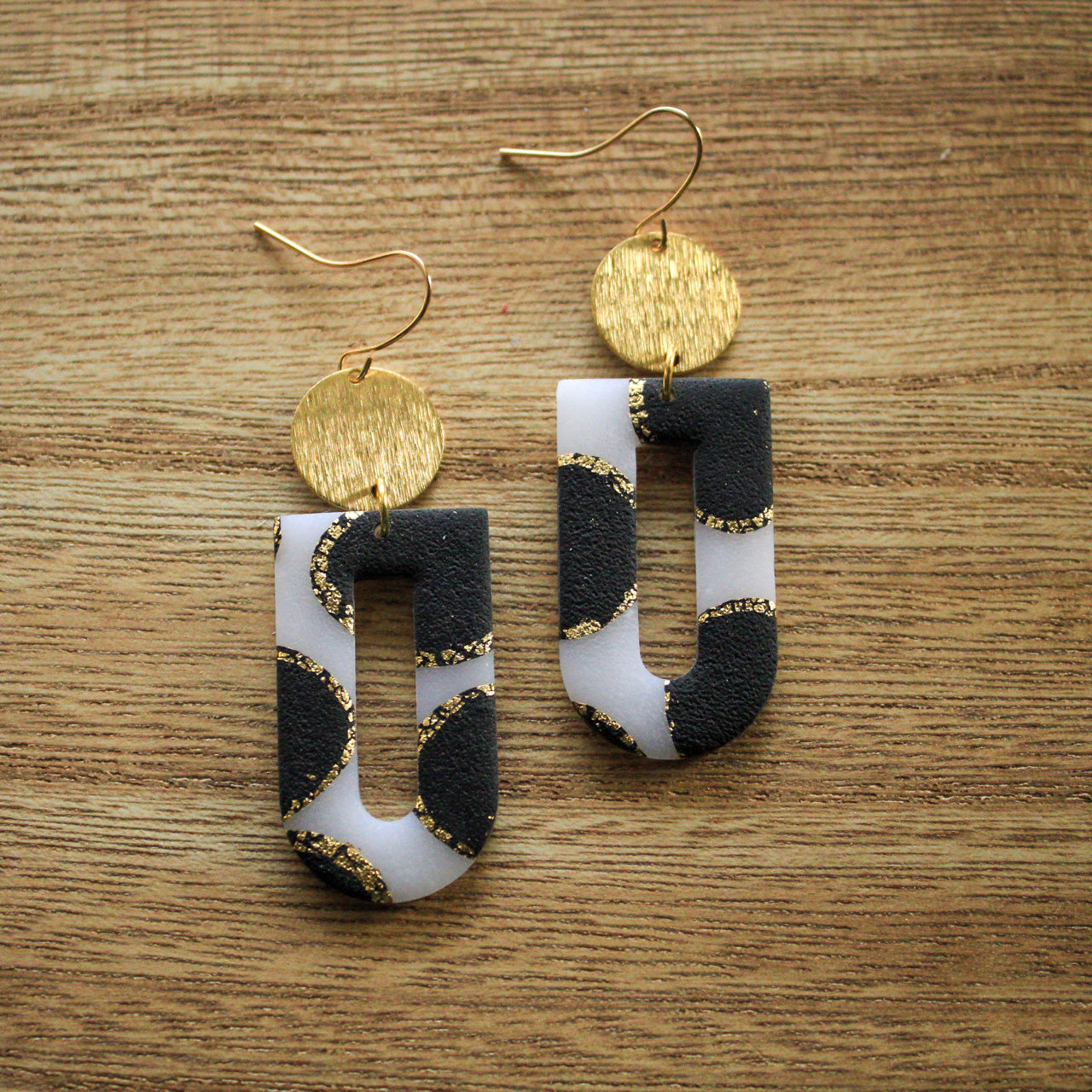 Black and Gold Spotted Brass Circle Dangles